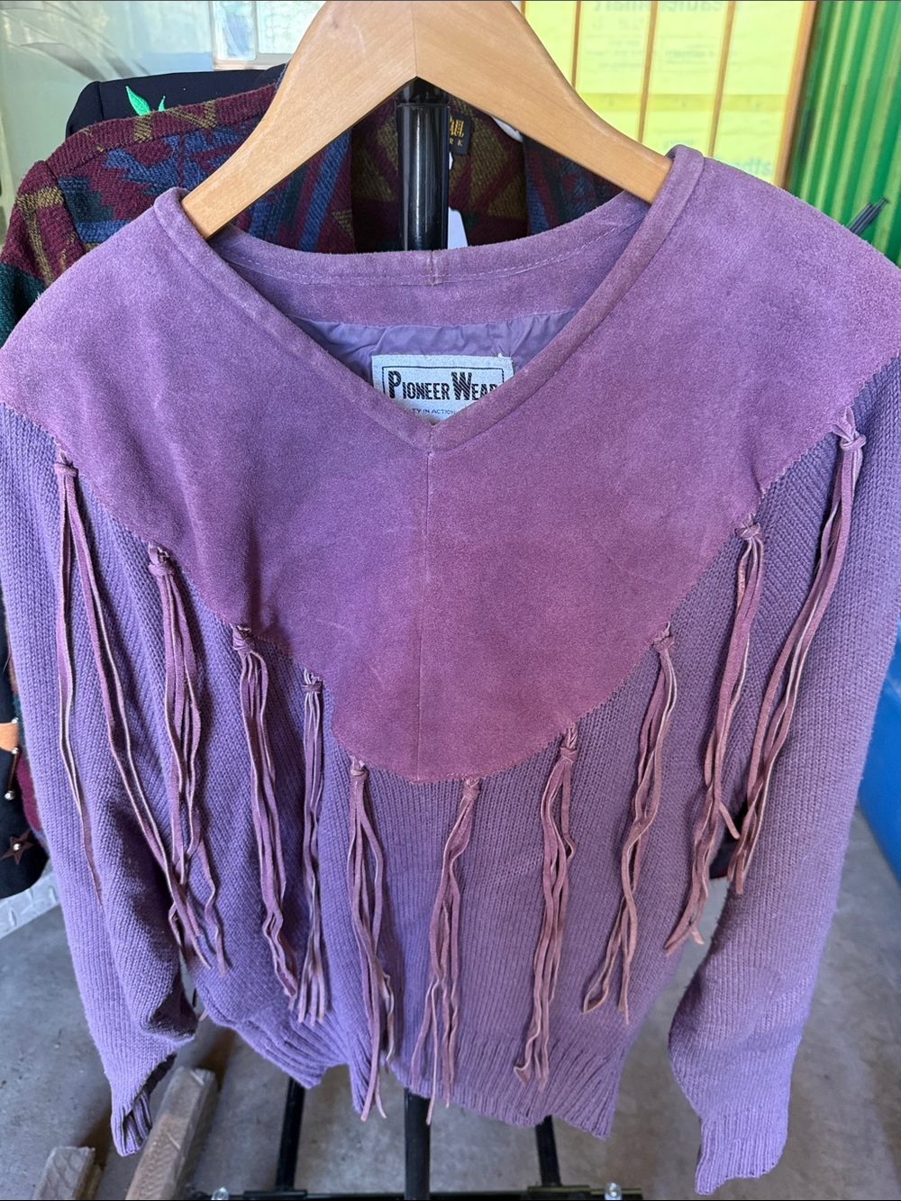 Vintage PIONEER Wear Women's Lavender Suede-Yoke V-Neck Fringe Sweater